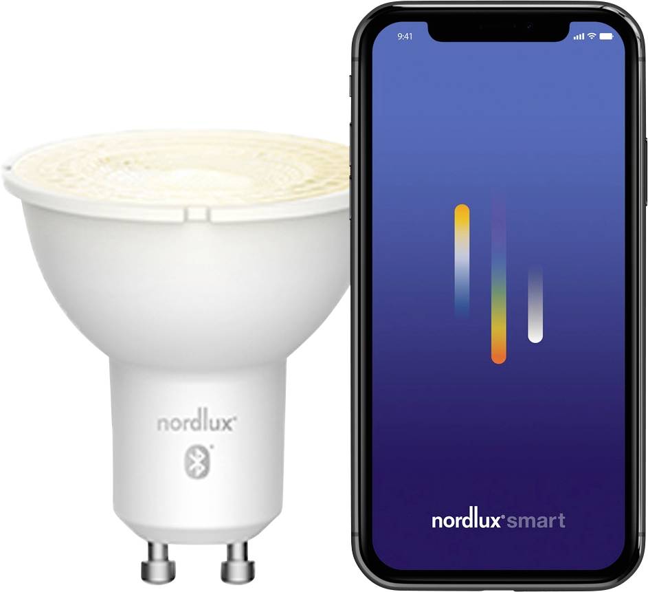 Smartphone displaying 'nordlux smart' app next to a smart LED bulb with Bluetooth logo, indicating smart lighting control via the app.