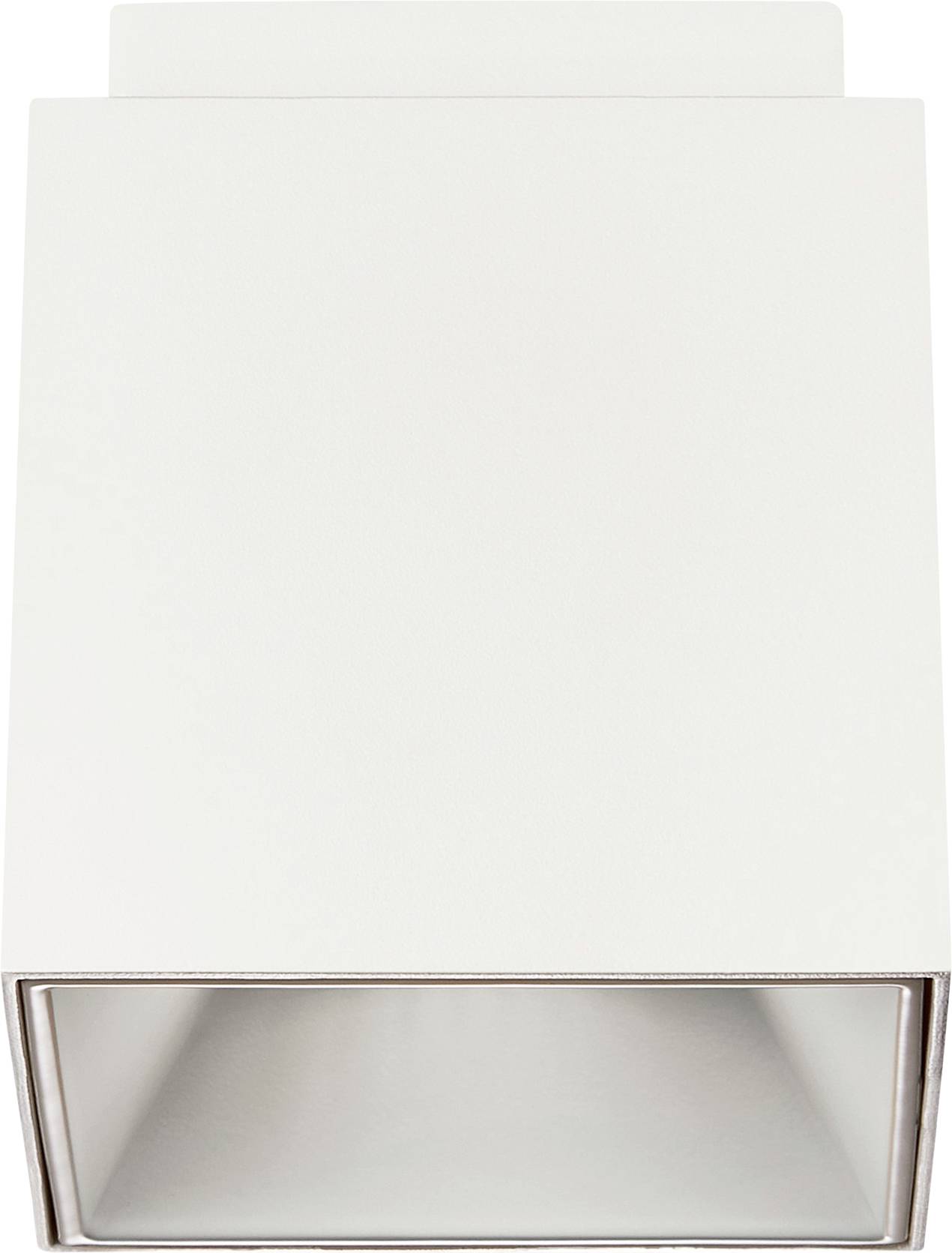 A minimalist white wall-mounted light fixture with a geometric design, featuring a square shape and an angled opening at the bottom.