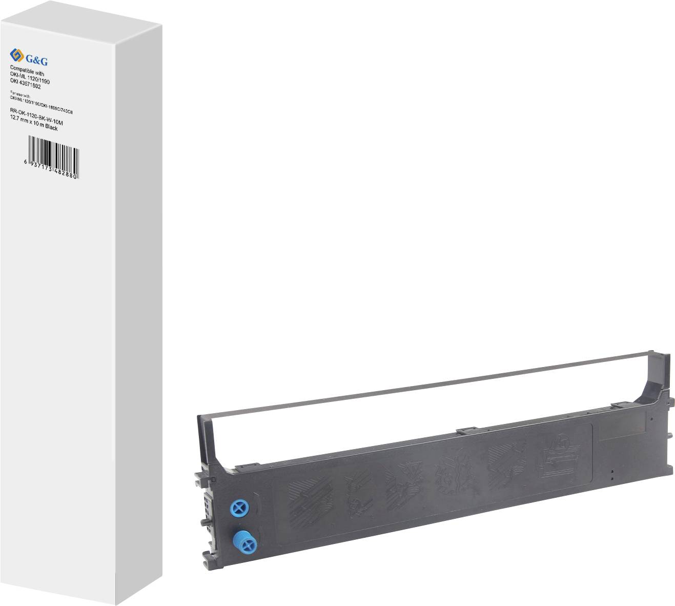 G&G Printer Ribbon, compatible with Epson FX-2190, S015631, black. Model: GG-ERC-185C. Includes packaging and ribbon cartridge.