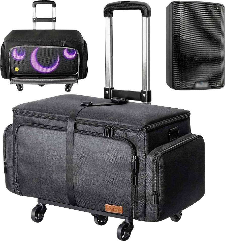 Rolling DJ equipment bag with speakers. The front view shows two speakers with purple lights. The main bag features sturdy wheels and handles.
