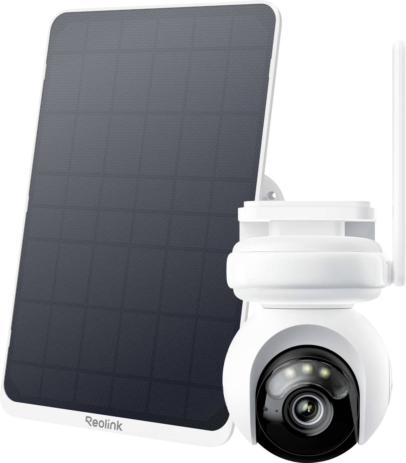 A solar-powered security camera with a solar panel and 360-degree rotation capability for outdoor surveillance.