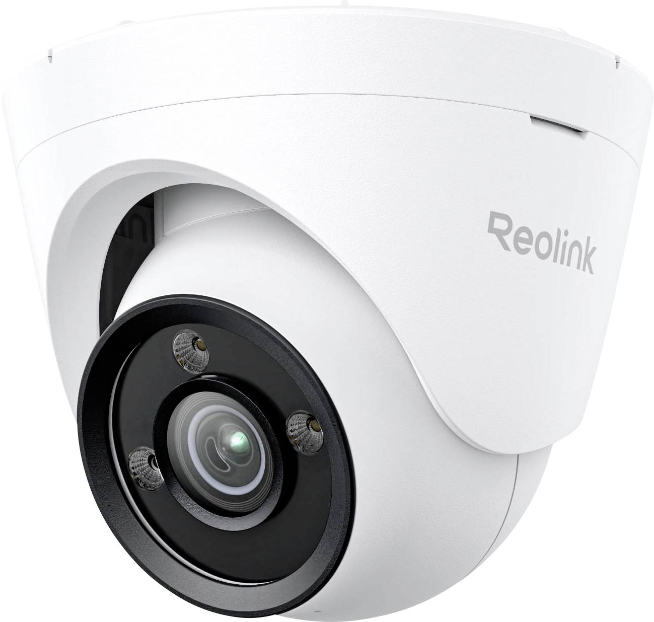A white Reolink security camera with a black lens, designed for indoor and outdoor surveillance.