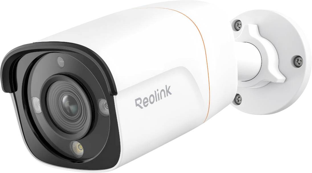 A white security camera mounted on a wall, labeled 'Reolink', with a black front casing and visible lens.