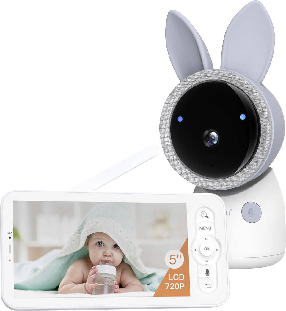 Baby monitor system with a camera featuring bunny ears and a display screen; the screen shows a baby wrapped in a towel.