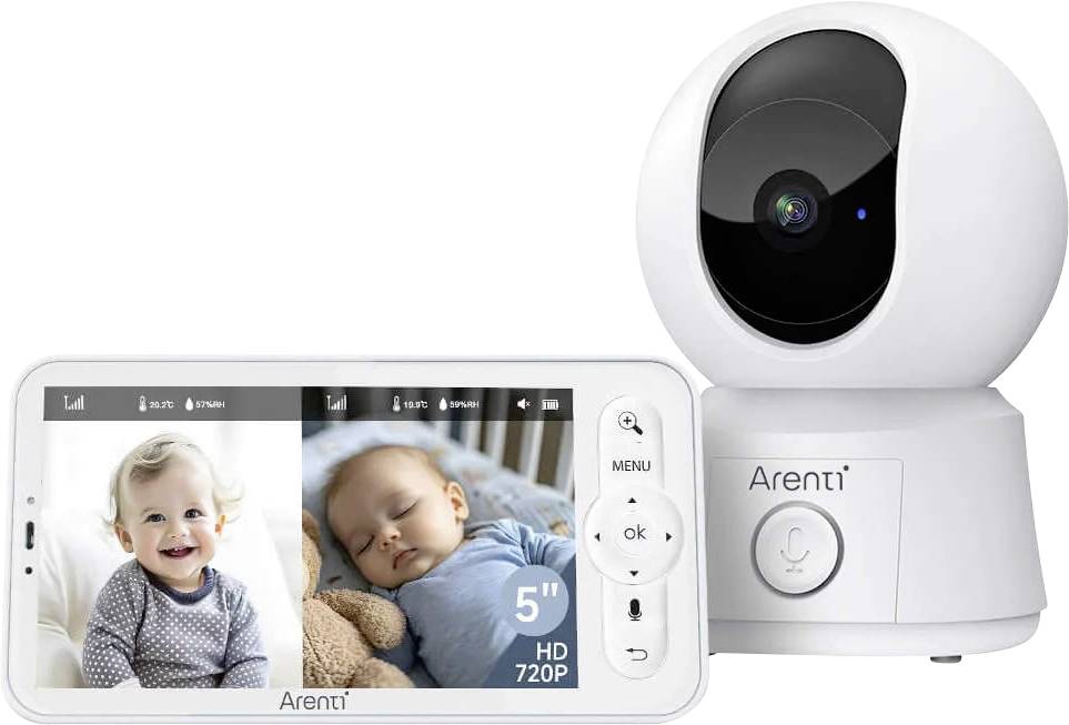 Video baby monitor display showing a live feed of a sleeping baby and a smiling baby. Arenti-brand camera positioned beside the monitor.