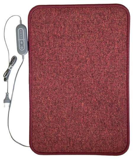 A red electric heating pad with a textured surface and a connected control switch for adjusting temperature settings.