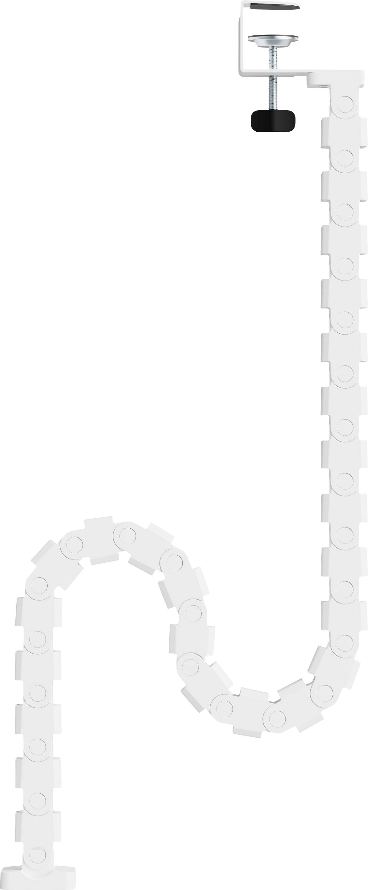 A white segmented robotic arm or flexible chain hangs vertically, loops into a U-shape near the bottom, then rises along the right side.