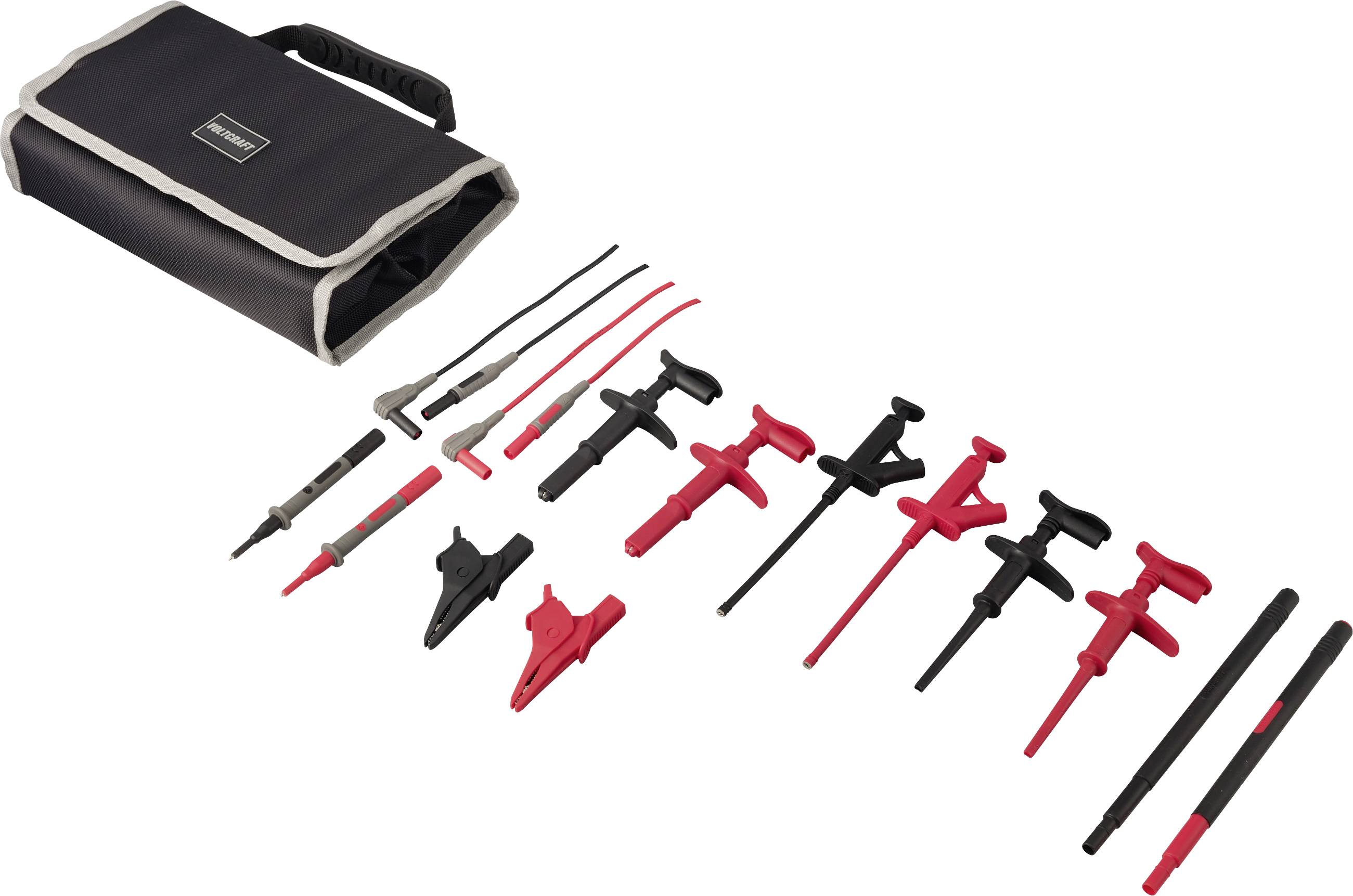 Multimeter test lead kit with carrying case, featuring assorted probes, clips, and adapters arranged on a white background.