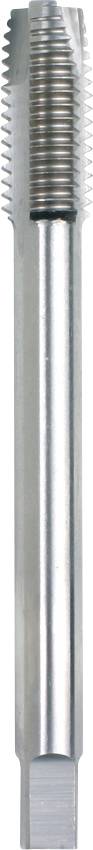 A silver metal threading tap tool with a ridged cutting edge for creating internal threads in materials.