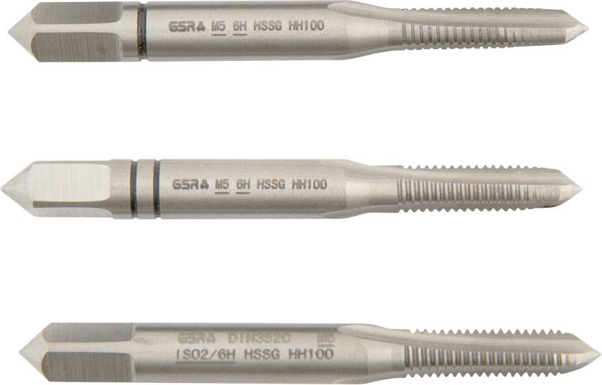 Three metal threading taps in various sizes, labeled 'GSR', with fluted cutting edges, used for creating internal screw threads.