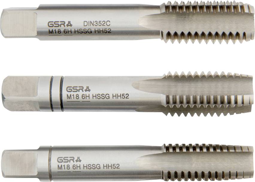 Three silver metal taps, used for threading, with markings 'GSRA DIN352C' and 'M18 6H HSSG HH52'.