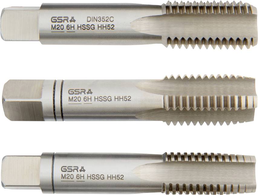 Three metal taps labeled 'GSRA M20 6H HSSG HH52', differing in thread amount and depth, used for creating metric threads on bolts.