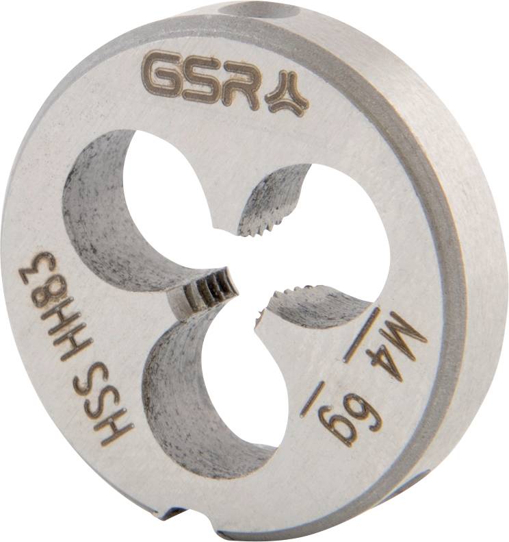 A metal threading die labeled 'GSR M4 69 HSS HH83' with cutting edges for threading screws or bolts, used for creating or repairing threads.