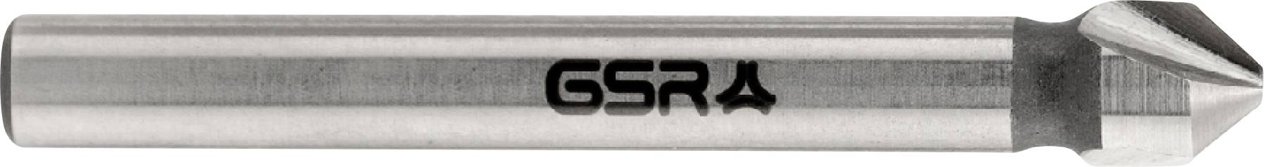 A steel countersink tool with a cylindrical shank and a conical cutting head, marked with the letters 'GSR'.