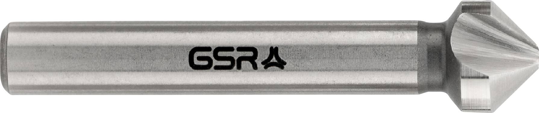A metal countersink tool with a conical tip, engraved with the text 'GSR'.