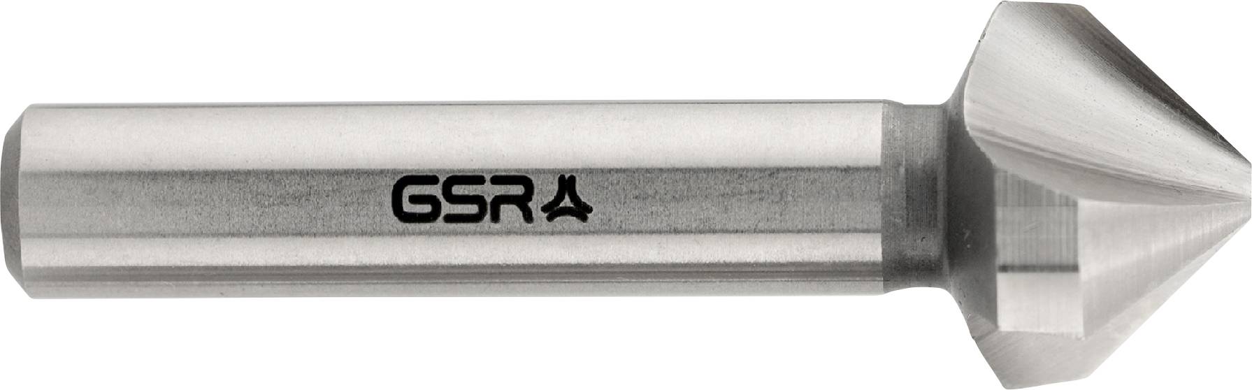 A metal countersink tool with a pointed end and a logo on the side, used for creating conical holes in materials.