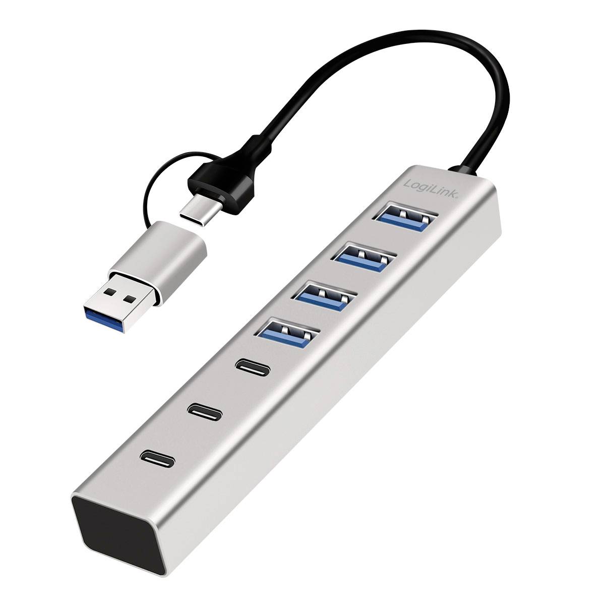 USB-C hub with four USB-A ports and three USB-C ports, shown with attached USB cable and USB plug on a white background.