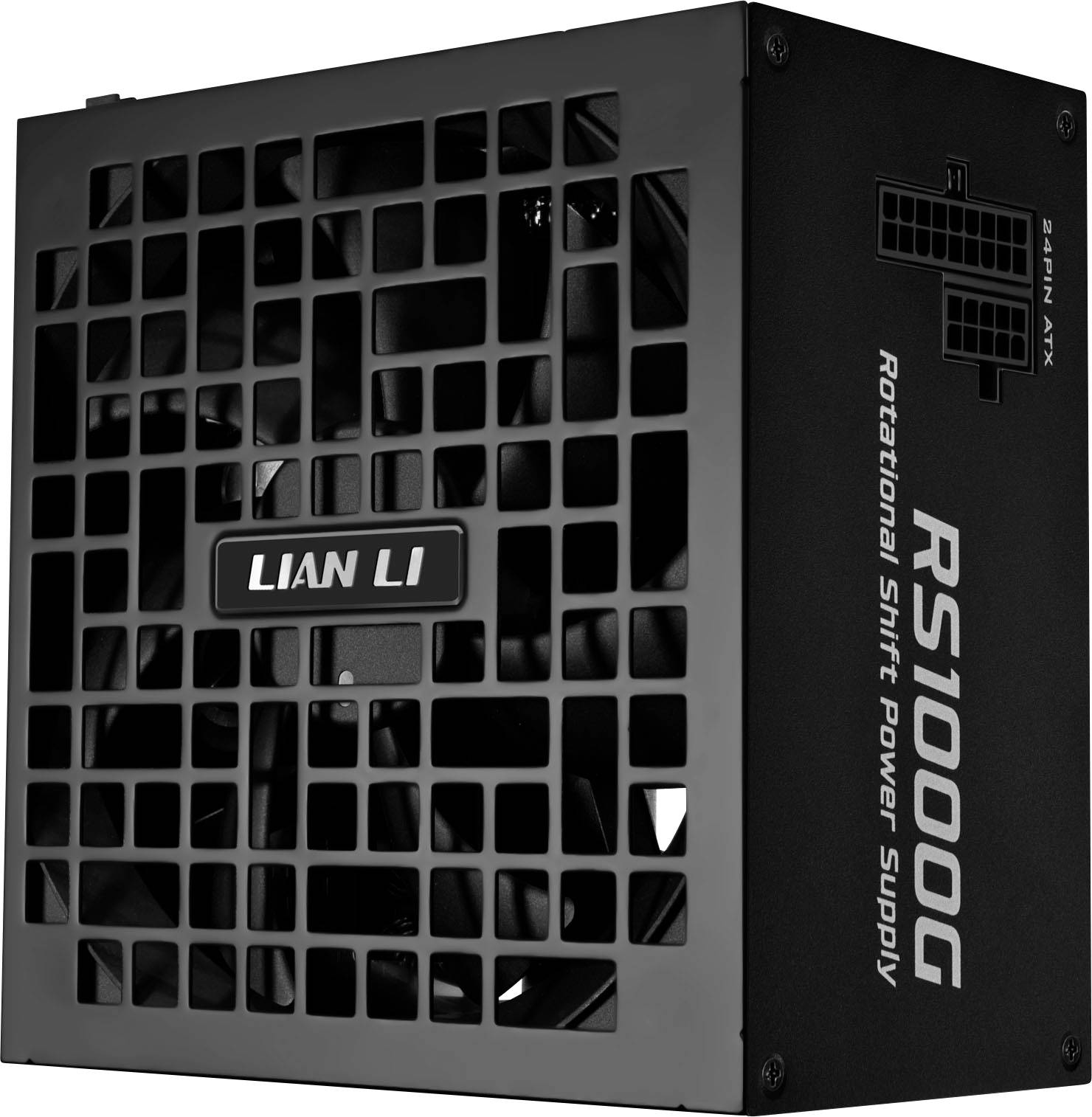 'Lian Li RS1000G' rotational shift power supply with black casing and ventilation grid featuring company logo on the side.