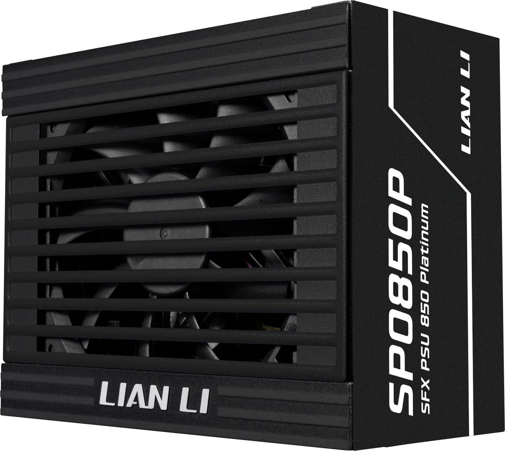 'Lian Li SP850P SFX PSU 850 Platinum' computer power supply unit with a black, compact design and visible cooling fan.