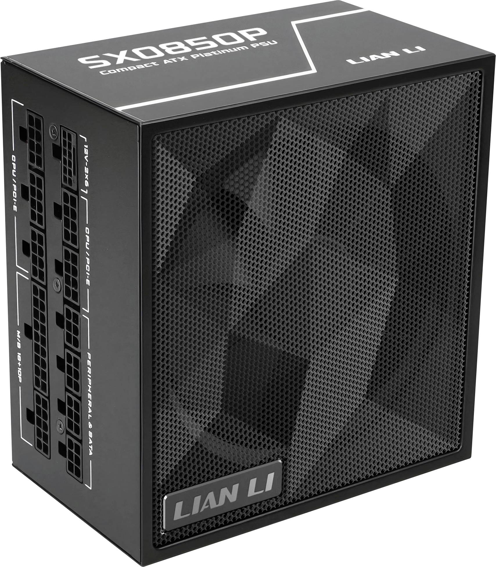 'Lian Li SX0850P Compact ATX Platinum PSU' with multiple connectors visible. The design is sleek, with a black mesh exterior.