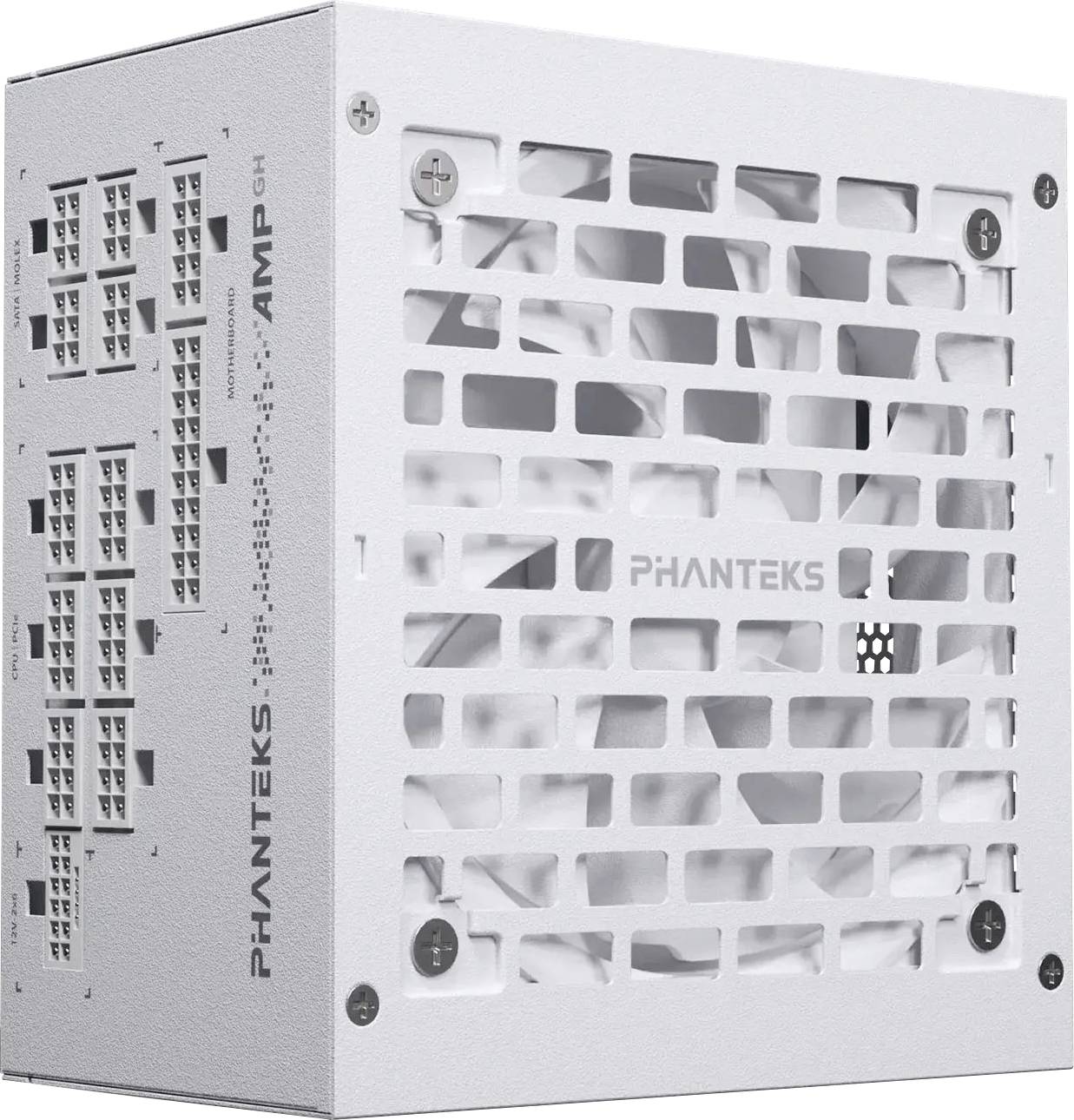 'Phanteks AMP' white computer power supply unit with vented design, branding, and modular connections on the side.
