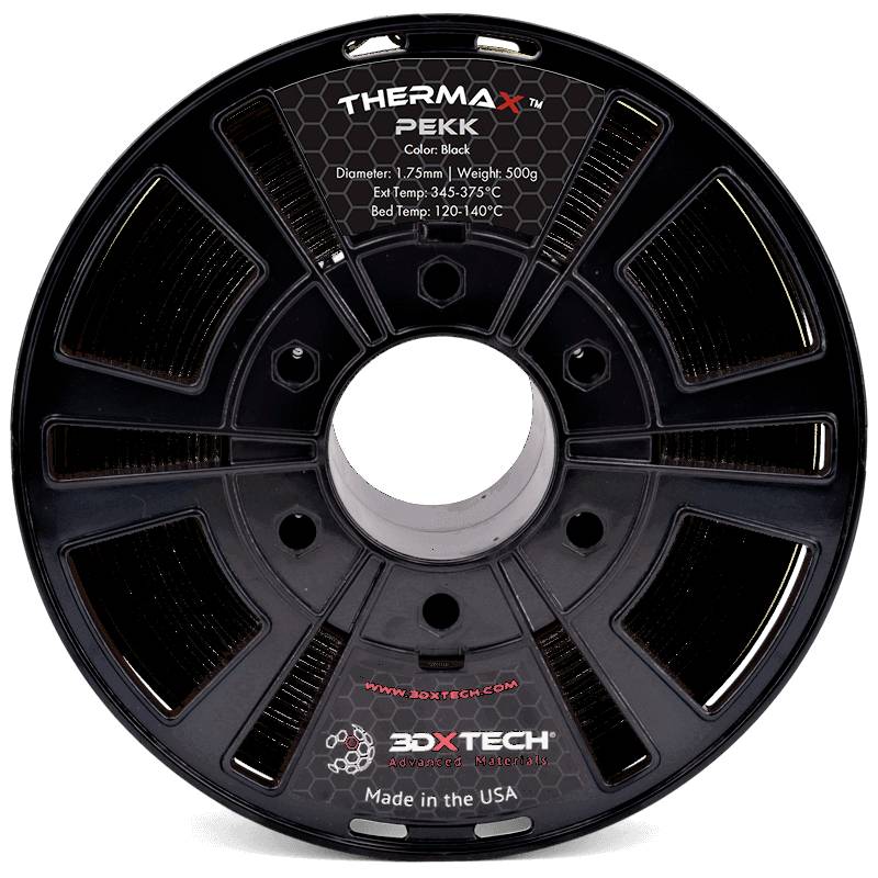 Spool of THERMAX PEKK 3D printer filament, black, 1.75 mm, 500 g, with temperature specs and 3DXTECH branding.