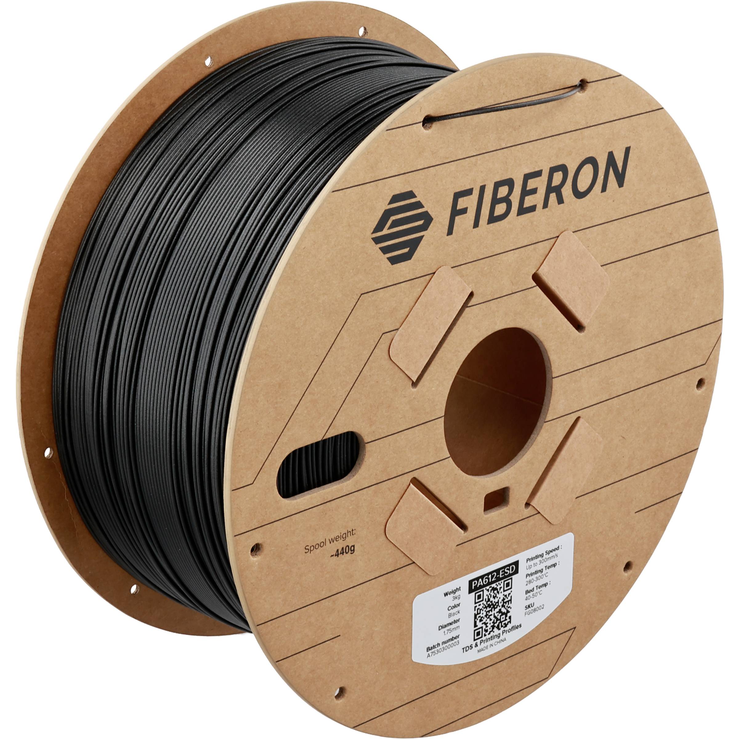 Fiberon spool of black 3D printer filament on a brown cardboard reel, with product label and QR code.