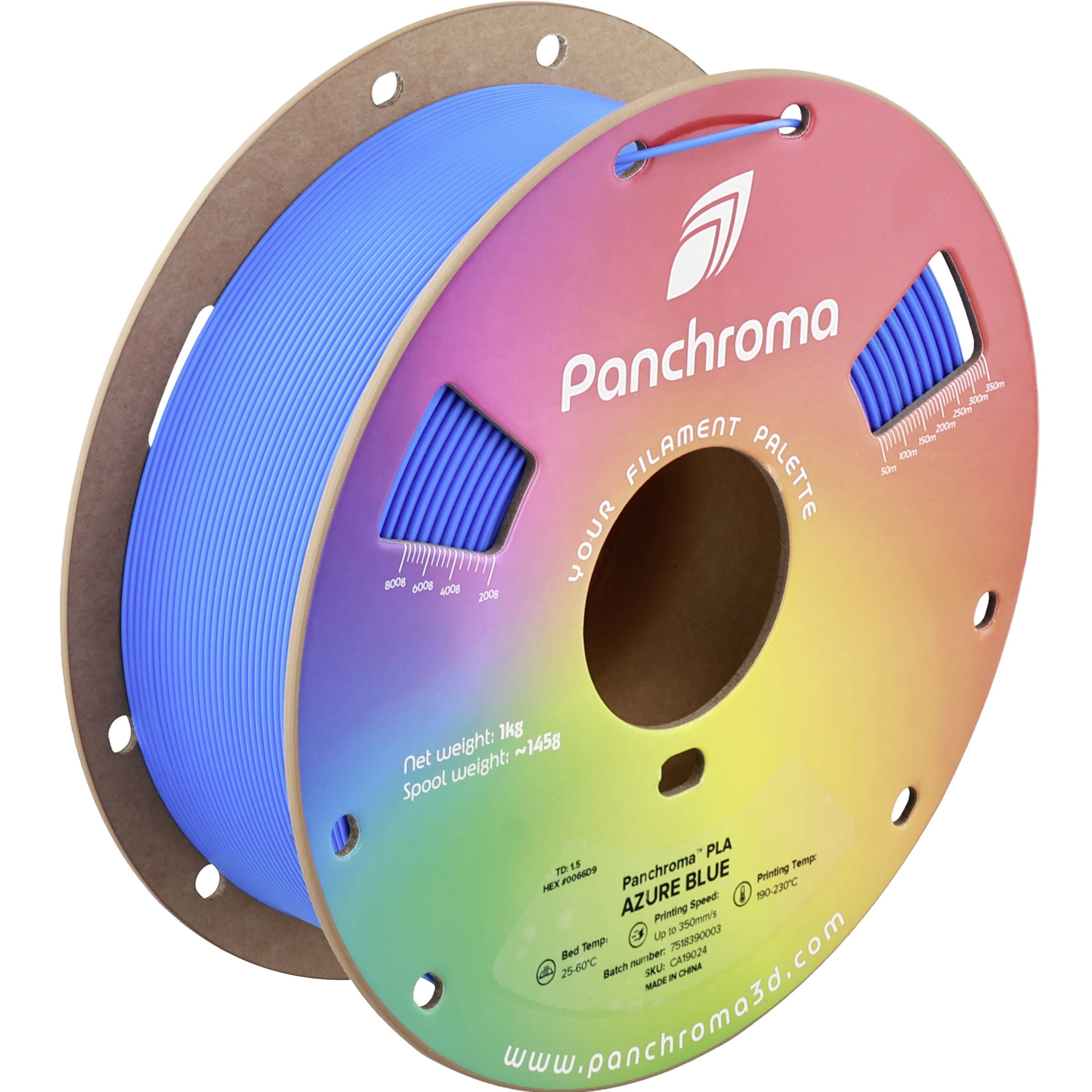 Spool of blue 3D printer filament with a rainbow-labeled Panchroma package, showing the product and color name 'Azure Blue'.