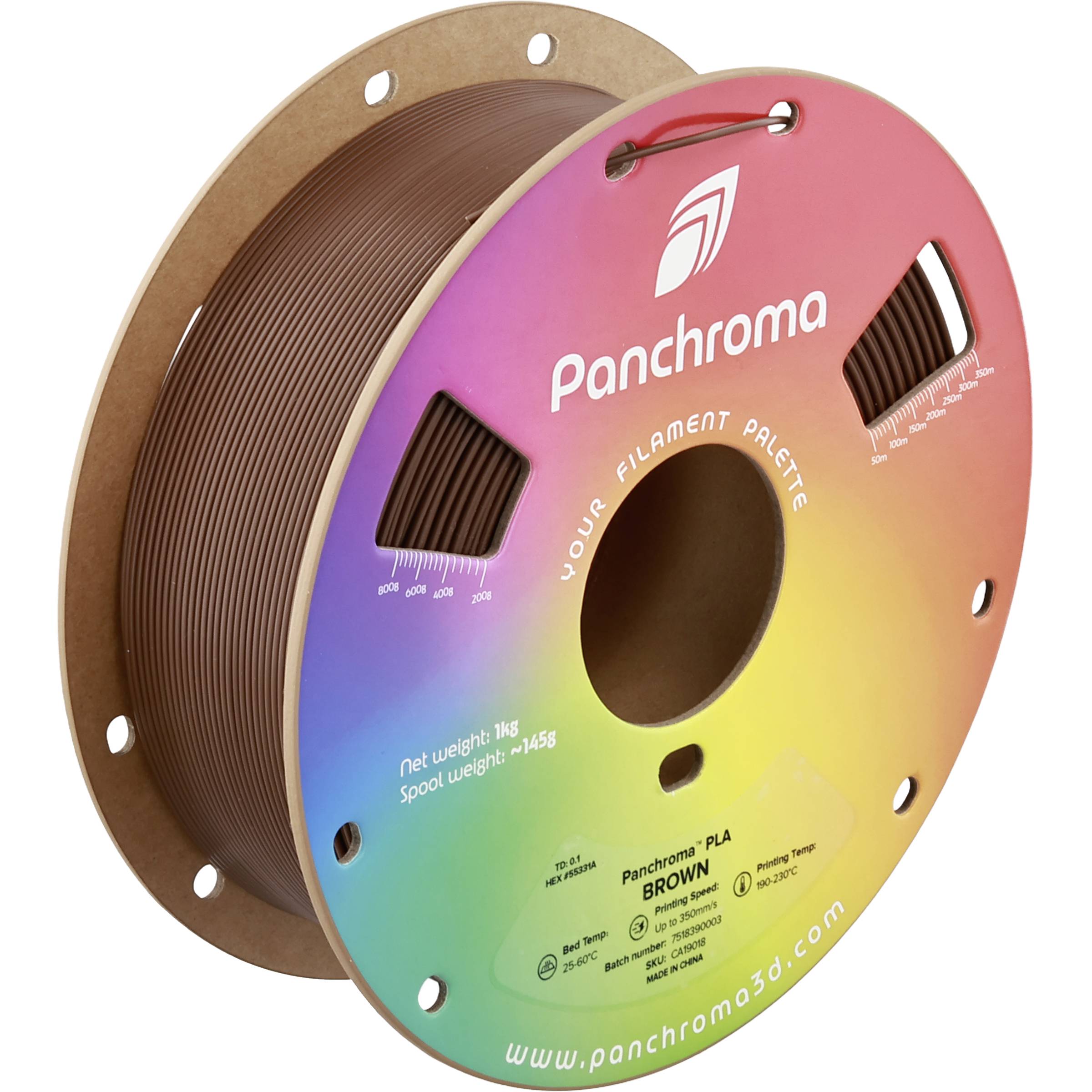 A colorful Panchroma 3D printer filament spool labeled 'BROWN,' with a brown filament roll visible behind the printed front disc.