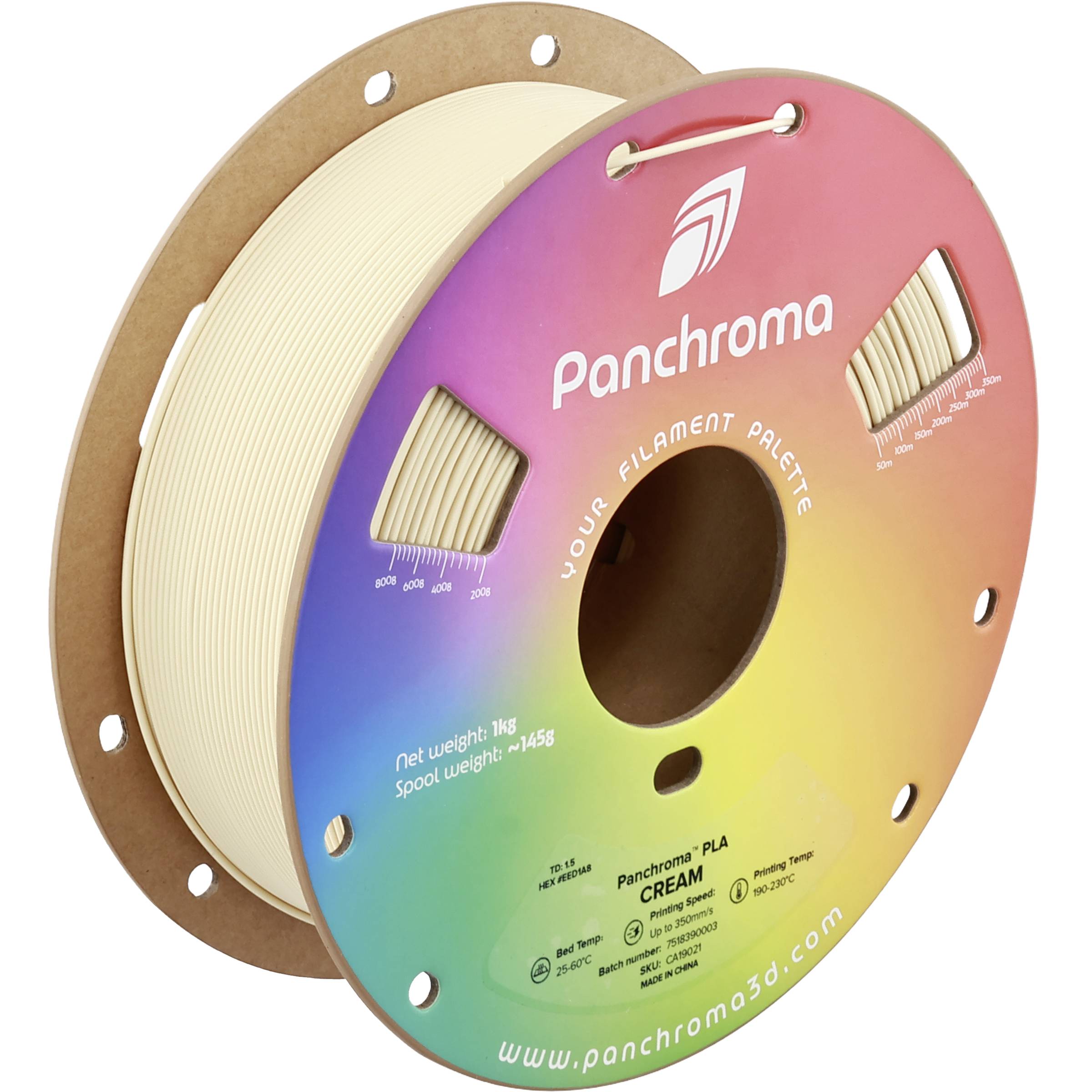 Rainbow Panchroma filament spool with cream-colored filament on a cardboard reel, labeled 'Panchroma' and 'PLA CREAM' for 3D printing.