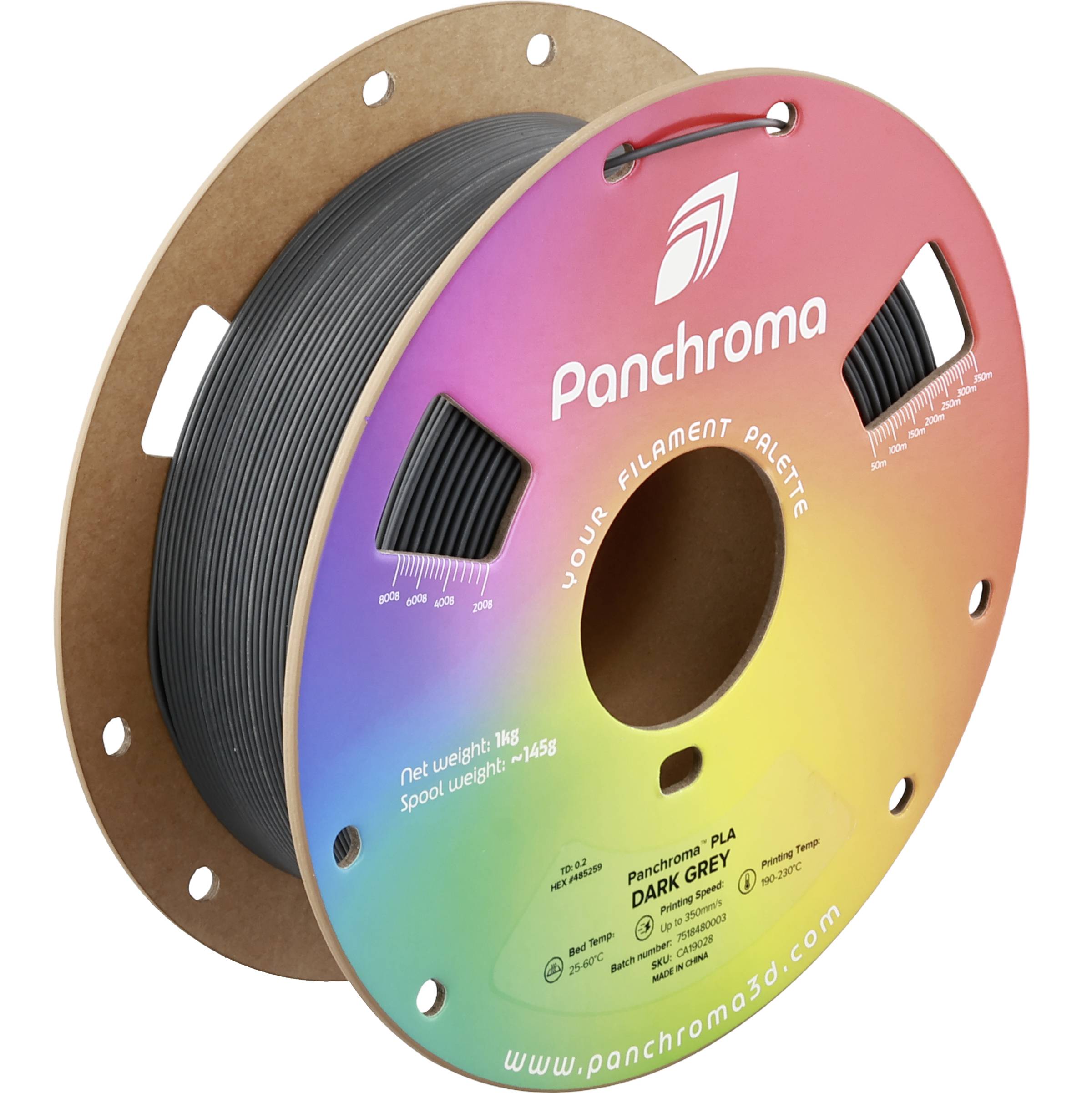 A spool of black 3D printer filament on a colorful Panchroma PLA label with visible product branding and specifications.