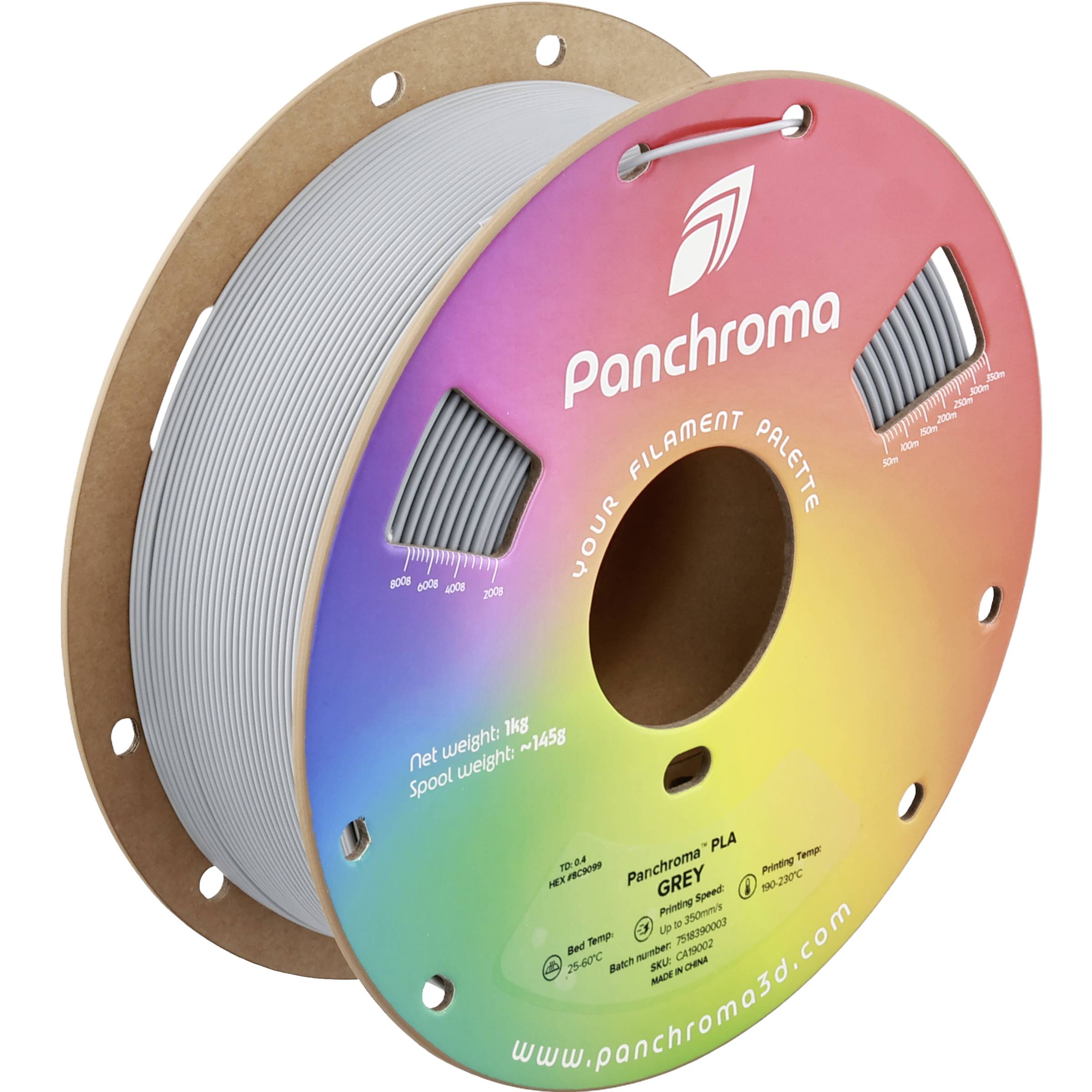 Panchroma PLA filament spool with rainbow-colored label and gray filament wound on a brown cardboard reel.