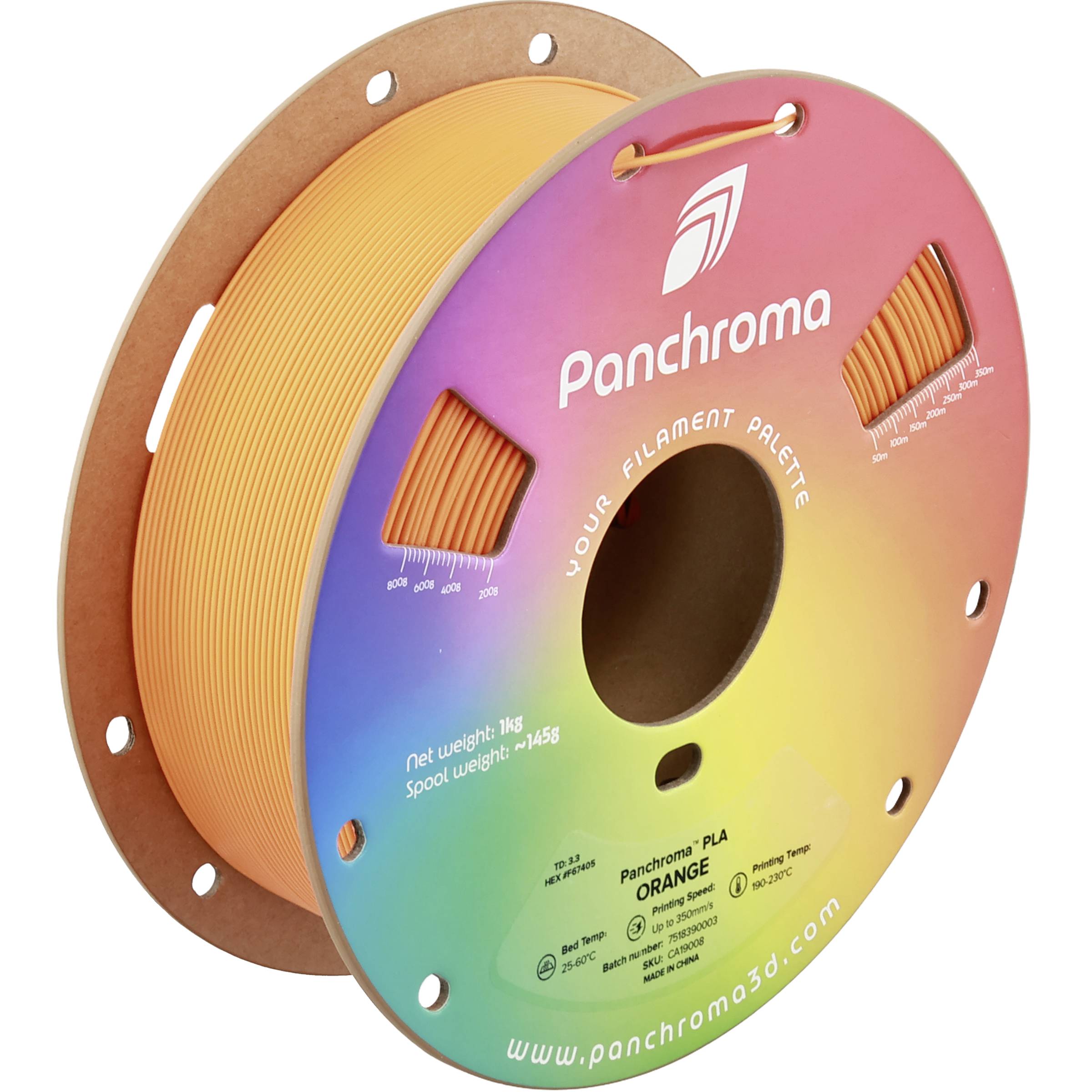 Colorful Panchroma PLA filament spool labeled 'ORANGE' with visible orange 3D printer filament wound on a cardboard reel.