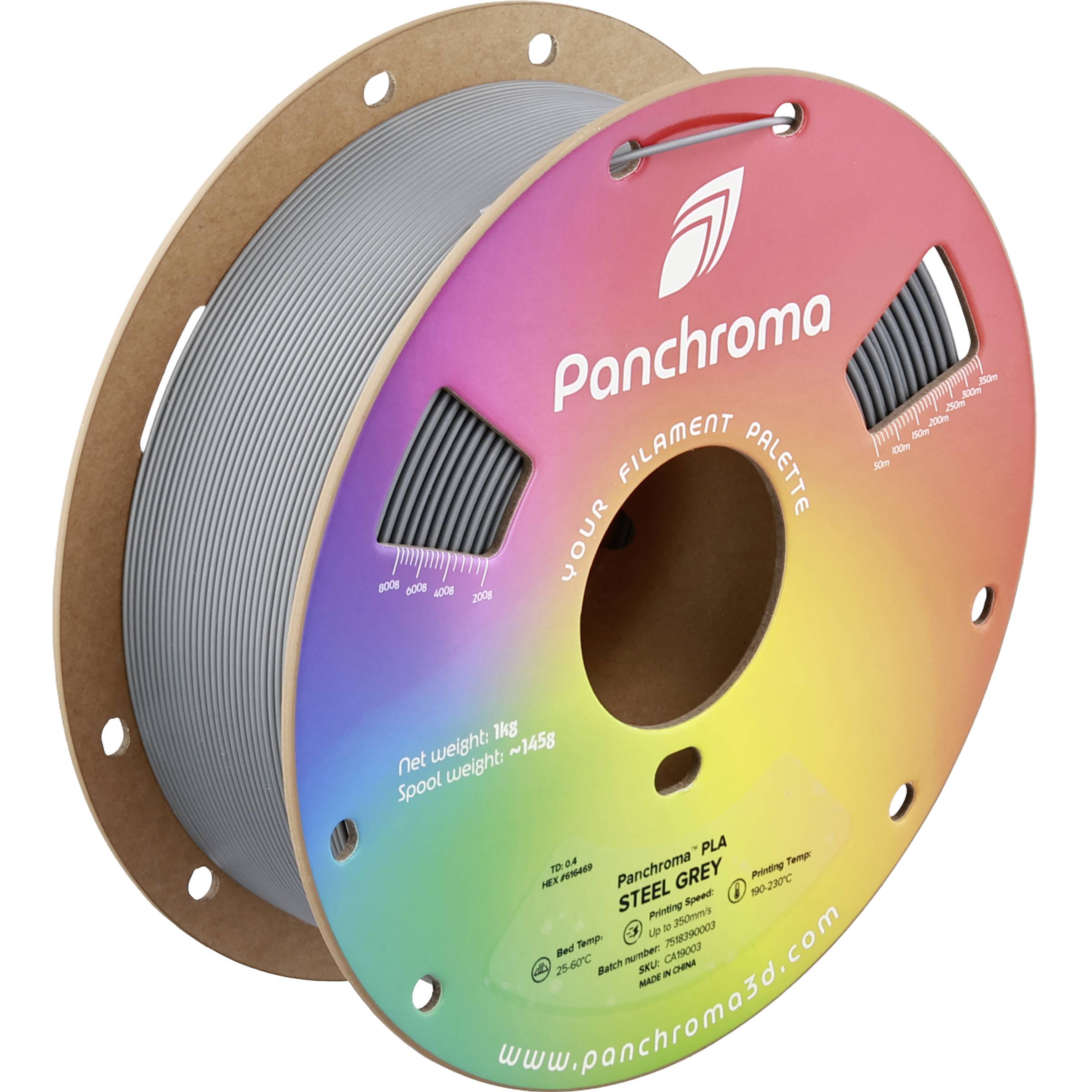 A rainbow-labeled Panchroma filament spool with gray 3D printer filament wound around a cardboard reel.