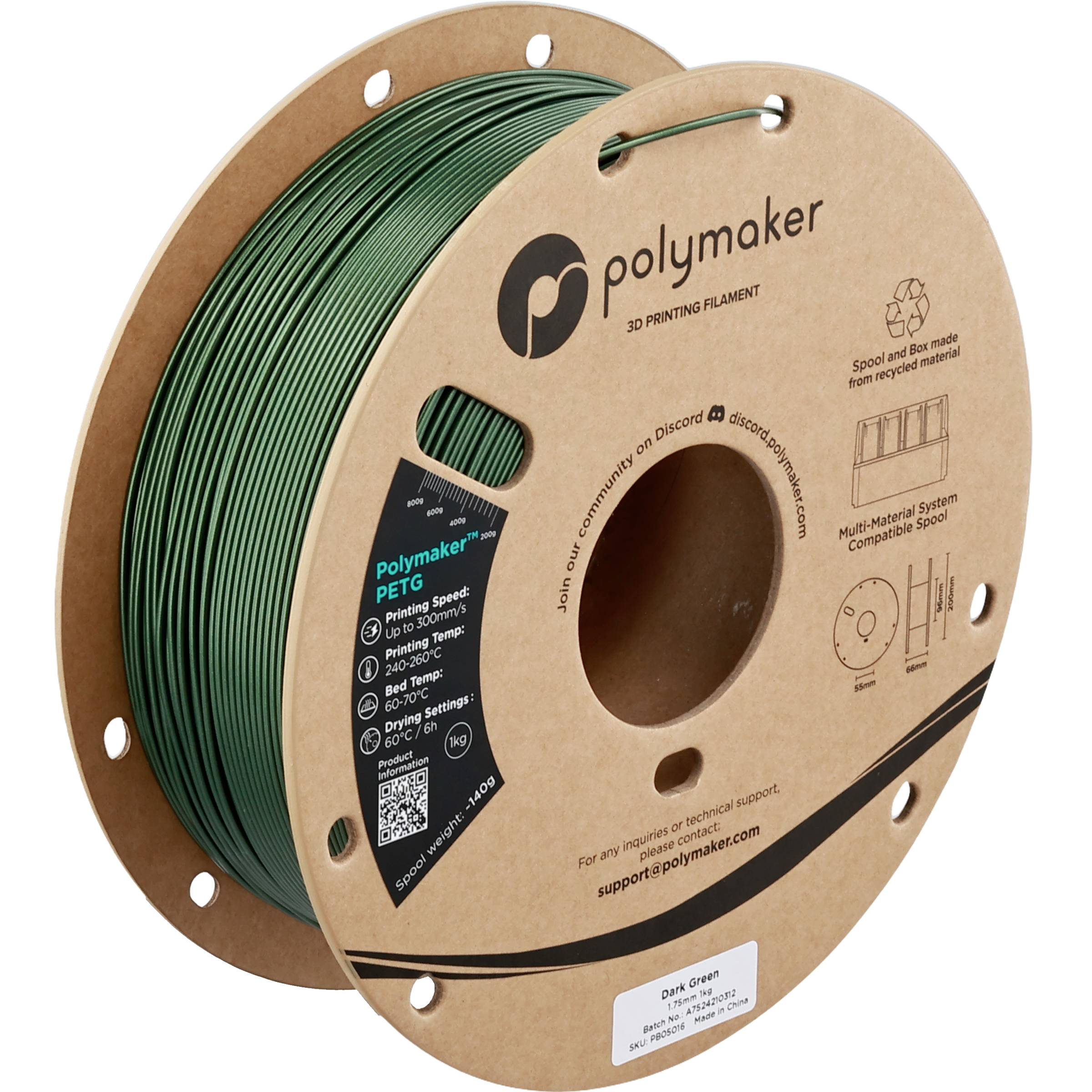 A spool of dark green Polymaker PETG 3D printing filament on a cardboard reel with product and recycling labels.