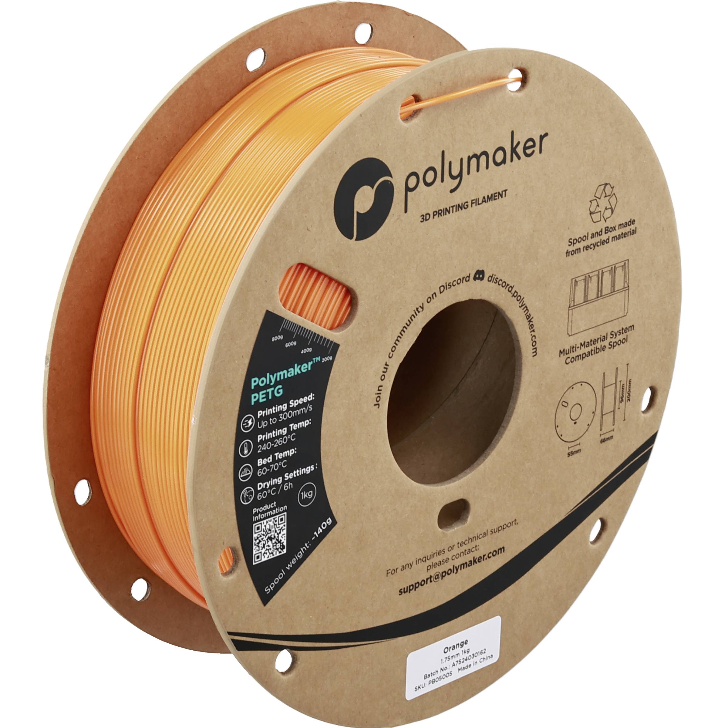 Orange Polymaker PETG 3D printing filament spool with cardboard reel and product label.