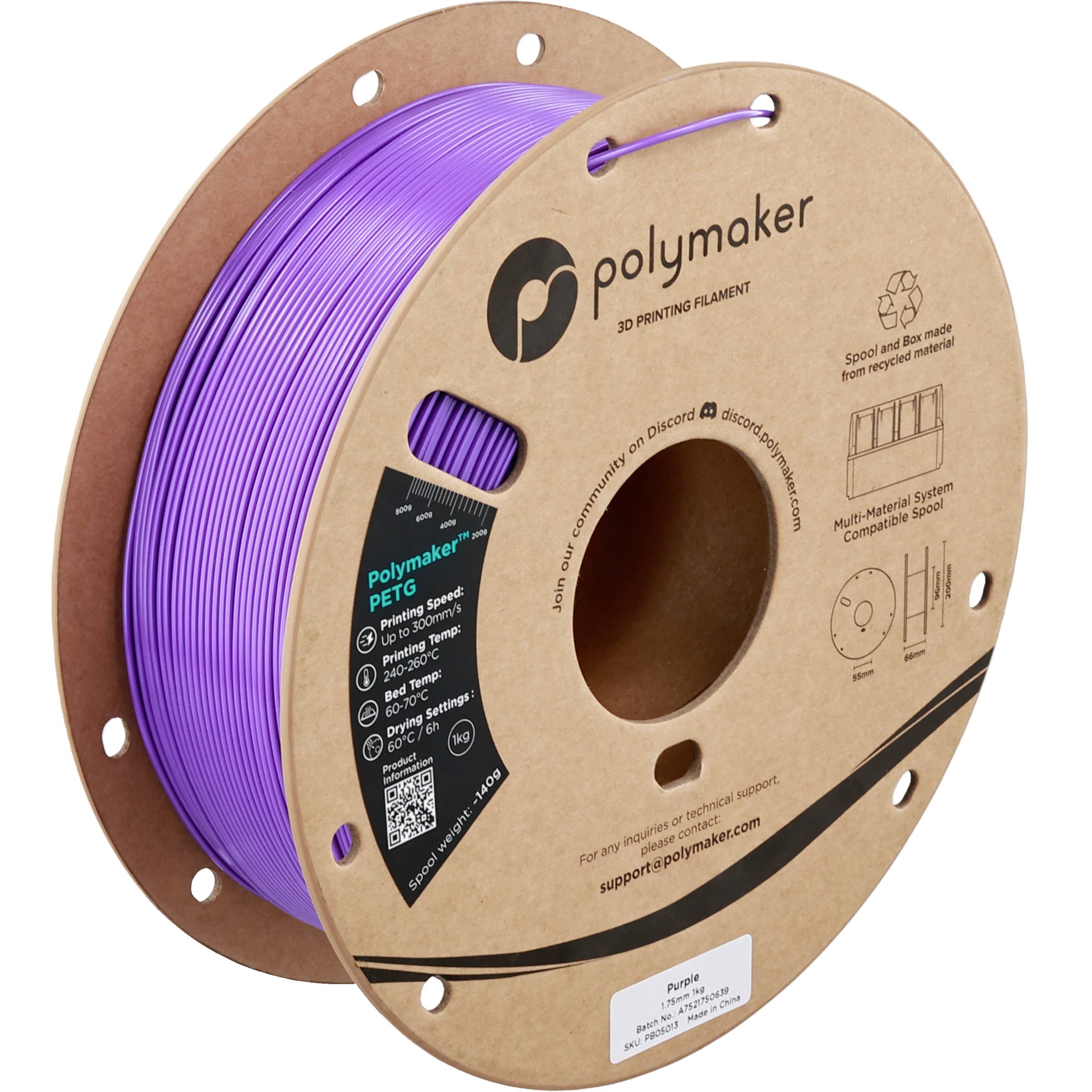 Spool of purple Polymaker 3D printing filament on a cardboard reel, shown with product branding and specs on the label.