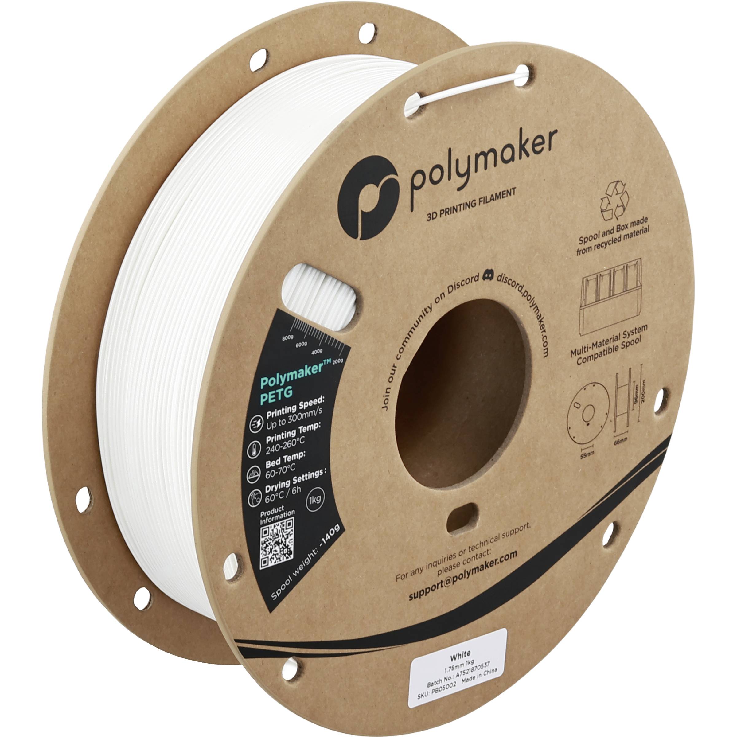 Spool of white Polymaker PETG 3D printing filament on a brown cardboard reel with product branding and specifications.