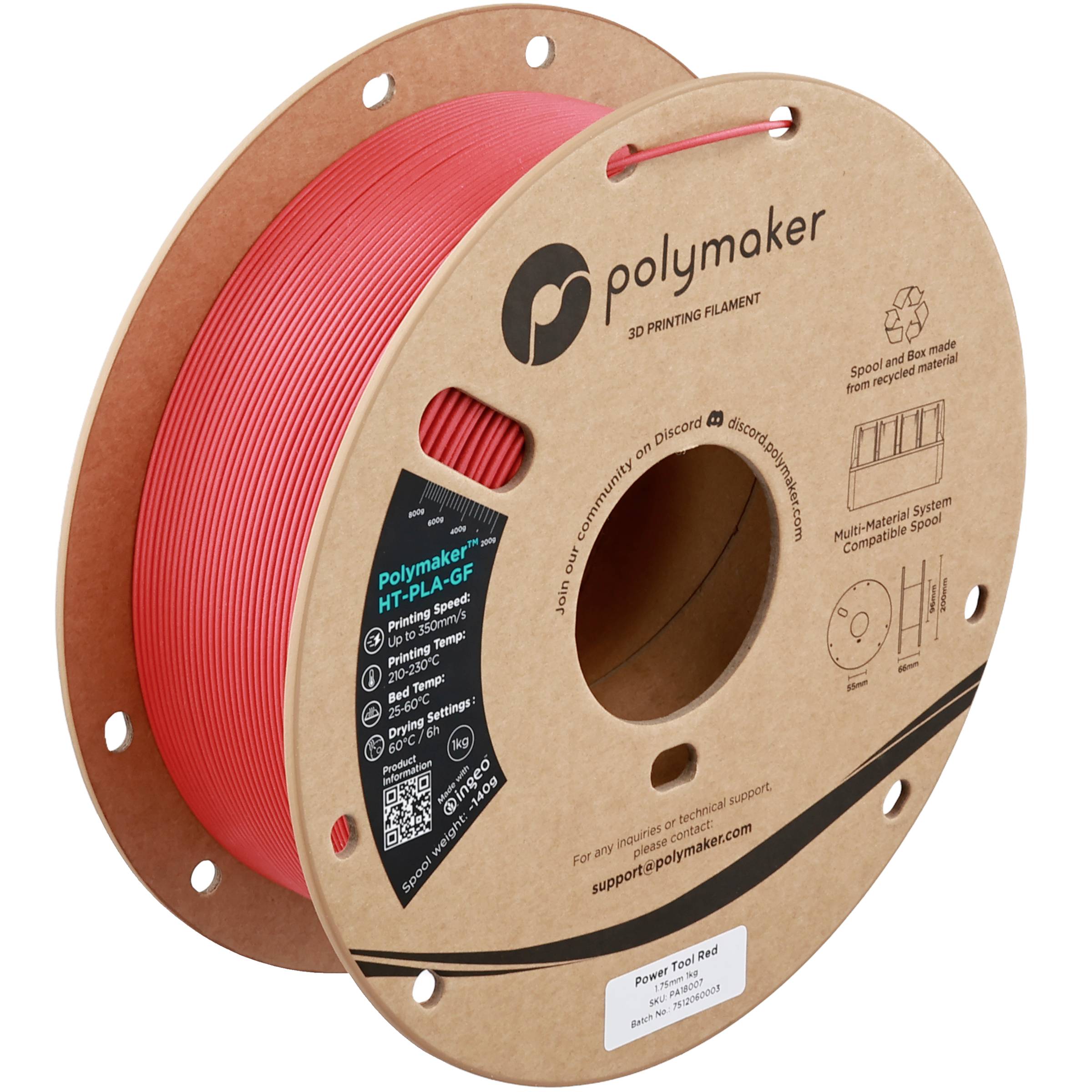 Spool of bright red PolyMaker 3D printing filament on a cardboard reel with product labels and handle holes.