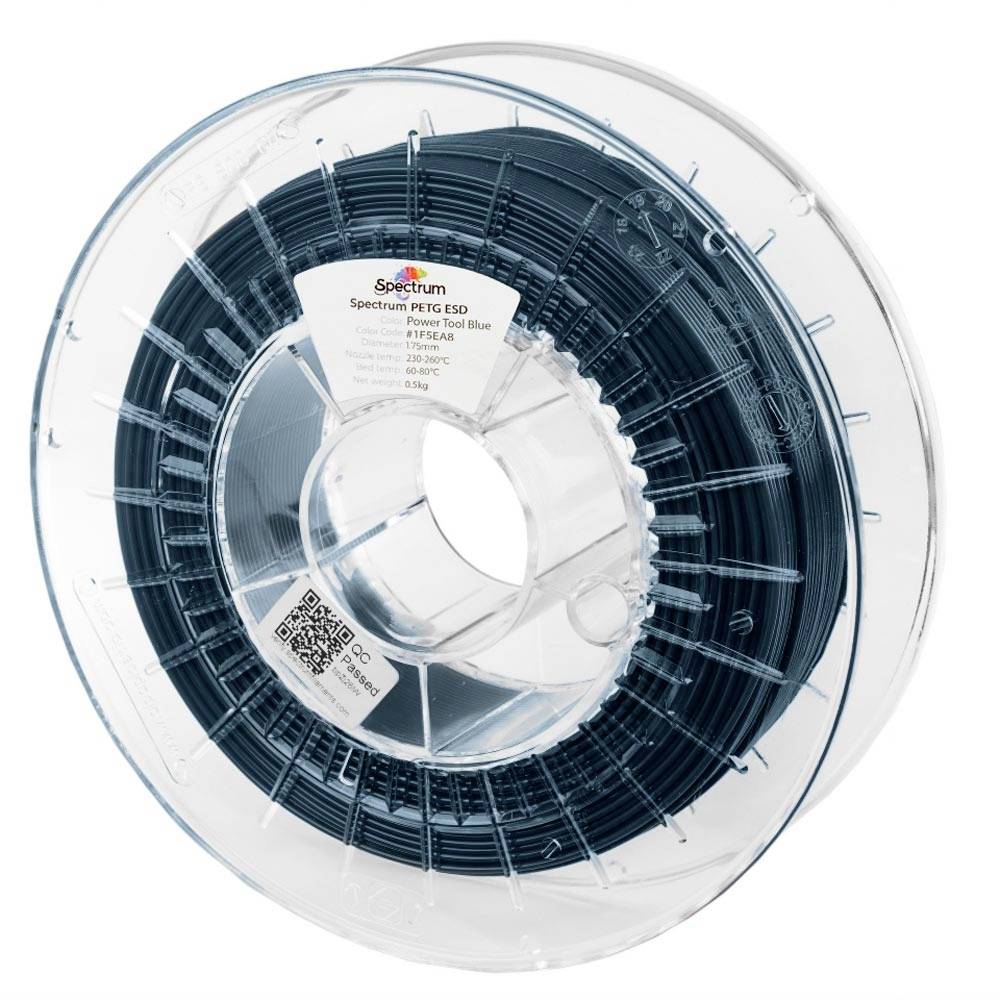 A spool of dark blue 3D printer filament in a clear plastic reel, labeled Spectrum PETG ES, on a white background.
