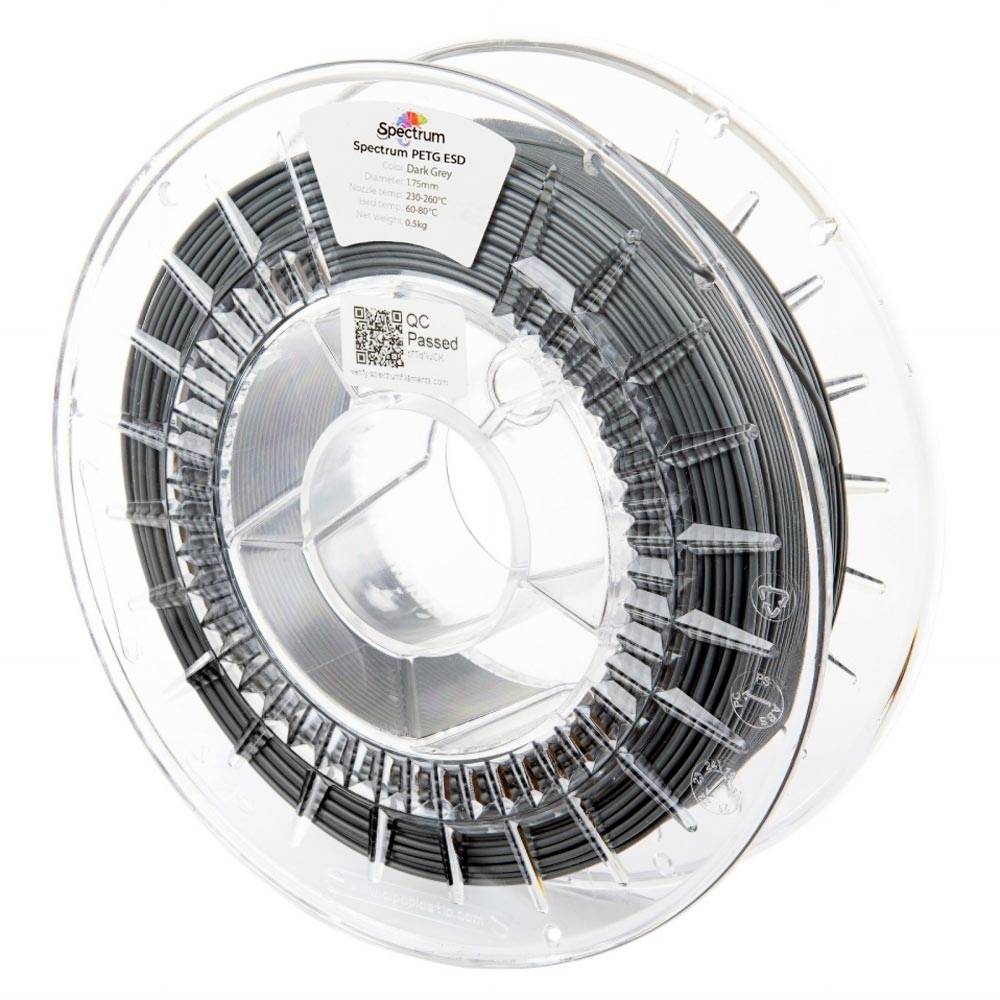 Spool of dark gray Spectrum PETG ESD 3D printer filament in clear packaging with 'QC Passed' label