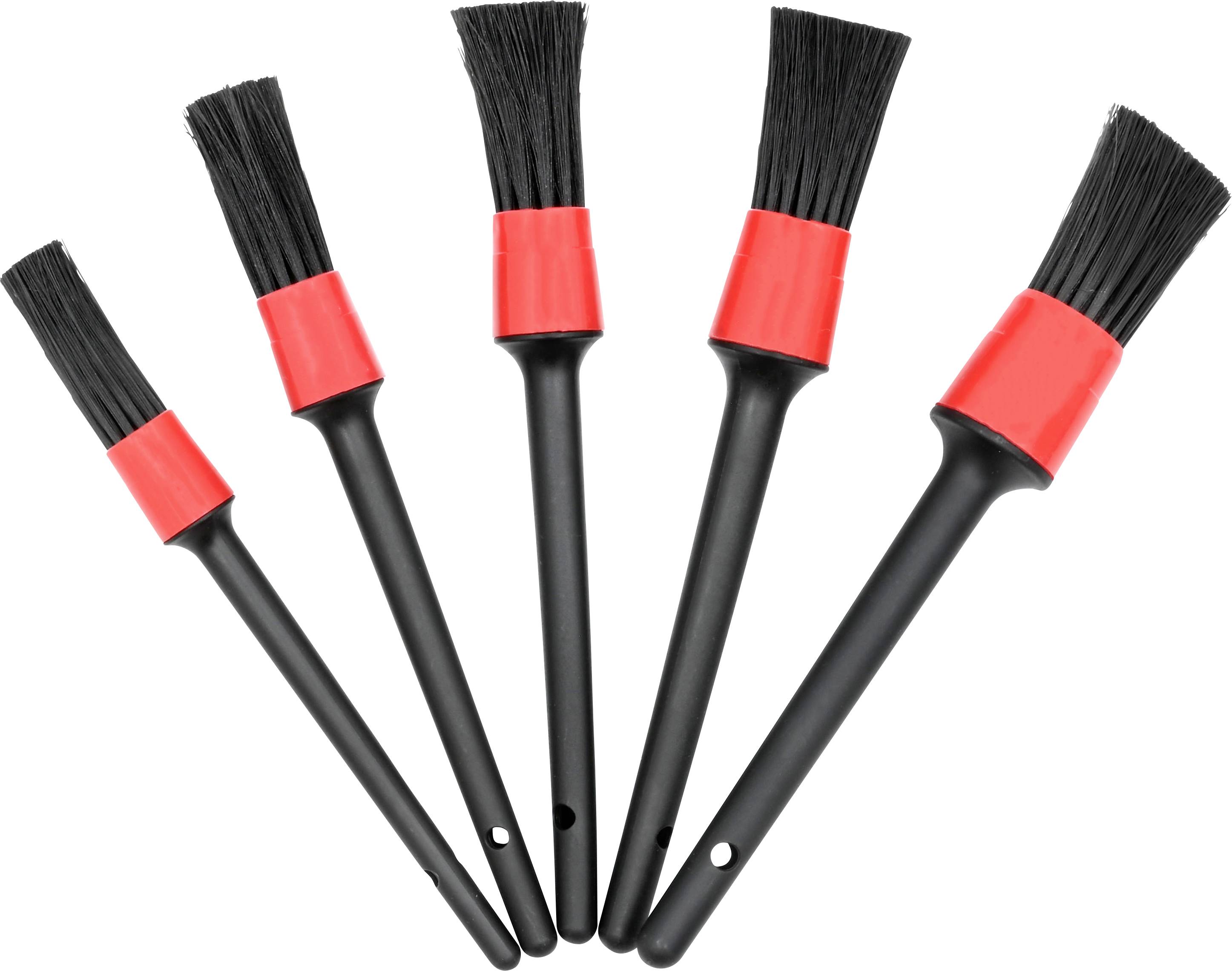 Five black brushes with red bands, evenly spaced, featuring nylon bristles and elongated handles.