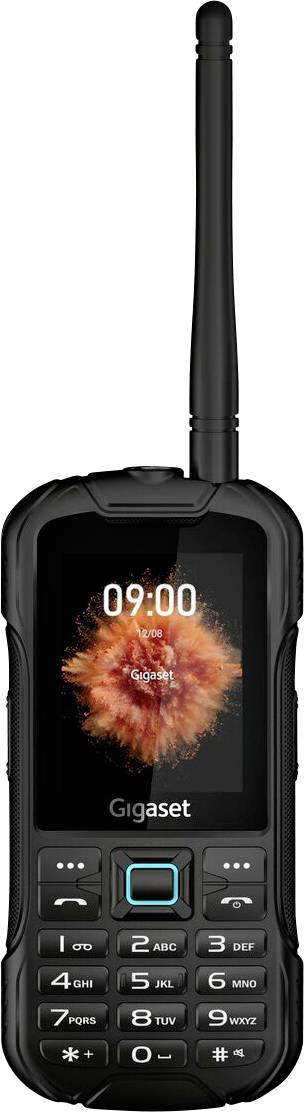 A rugged mobile phone with a large antenna, featuring a numeric keypad and a small screen displaying the time '09:00' and an abstract orange graphic.