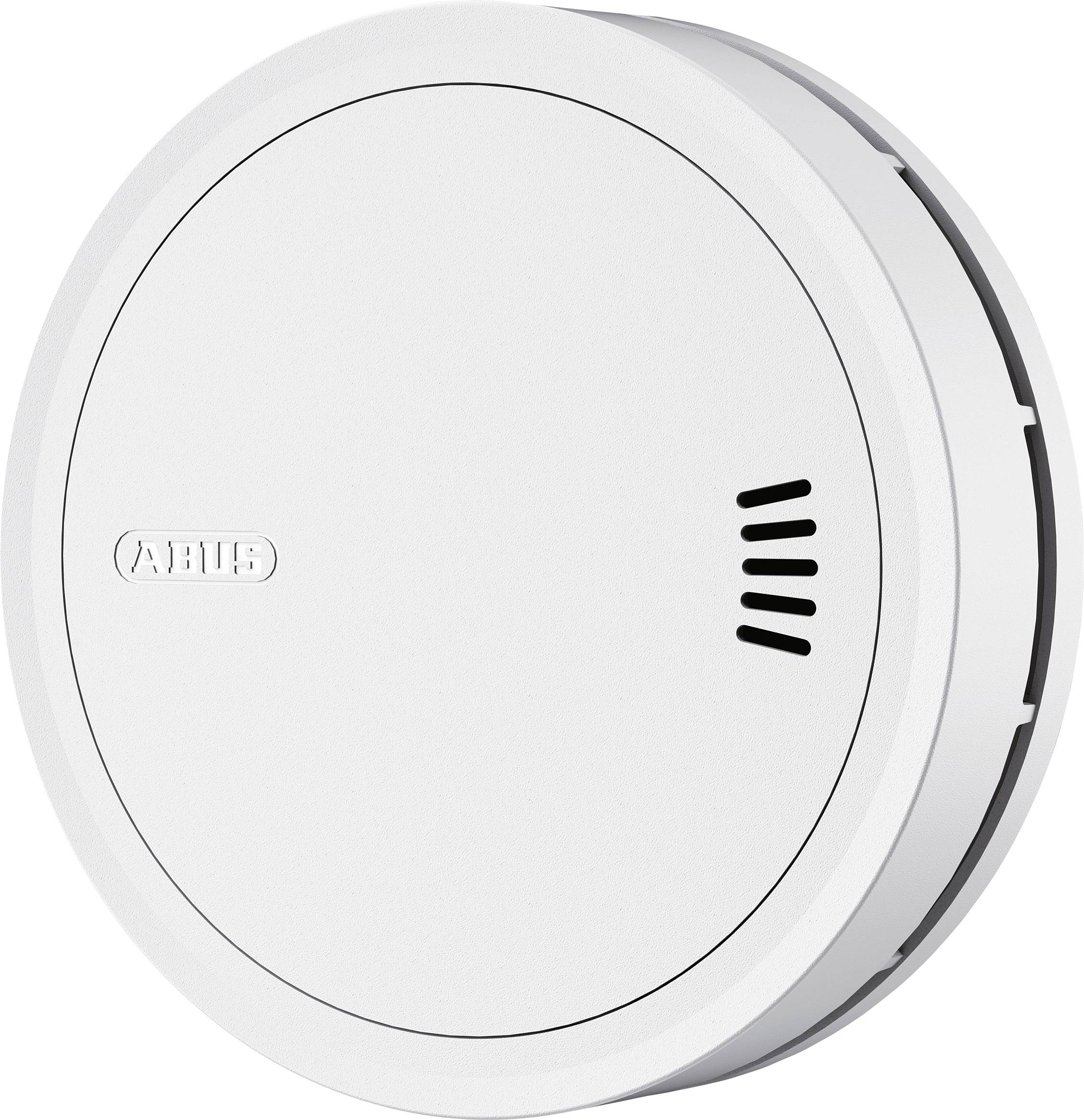 A white round smoke detector with a small vent and 'ABUS' branding on the surface, indicating a safety device for detecting smoke.