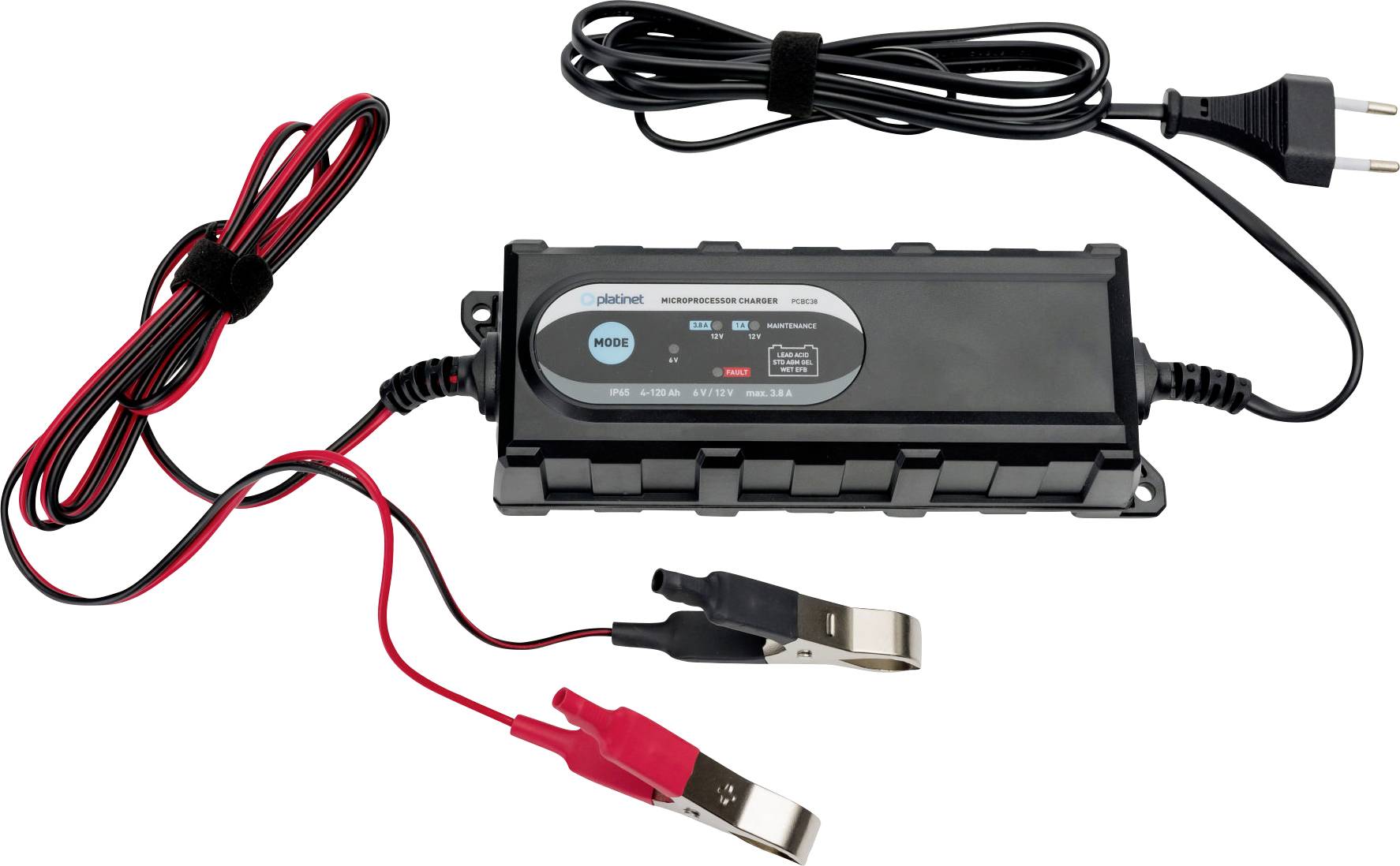 Battery charger with red and black cable clamps and power cord. The device displays charging modes and status indicators on front panel.