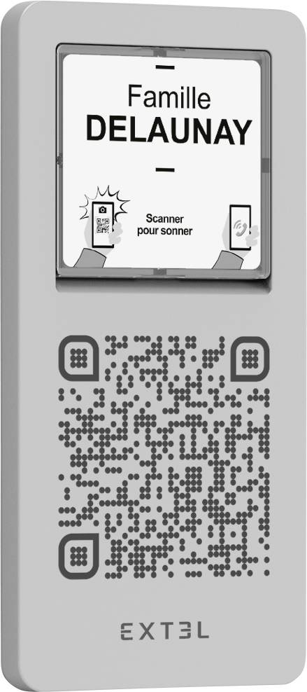 Doorbell panel with 'Famille Delaunay' and 'Scanner pour sonner', featuring a QR code, Extel branding, and a phone illustration.
