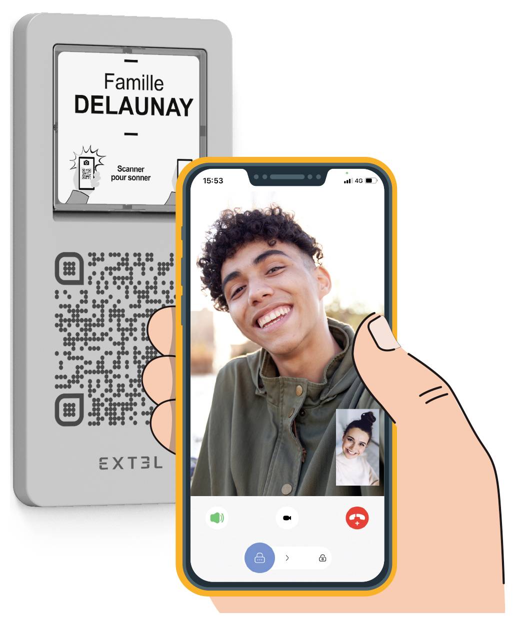 A hand holds a smartphone showing a video call with a person smiling, alongside a doorbell with a QR code and the name 'Famille Delaunay'.