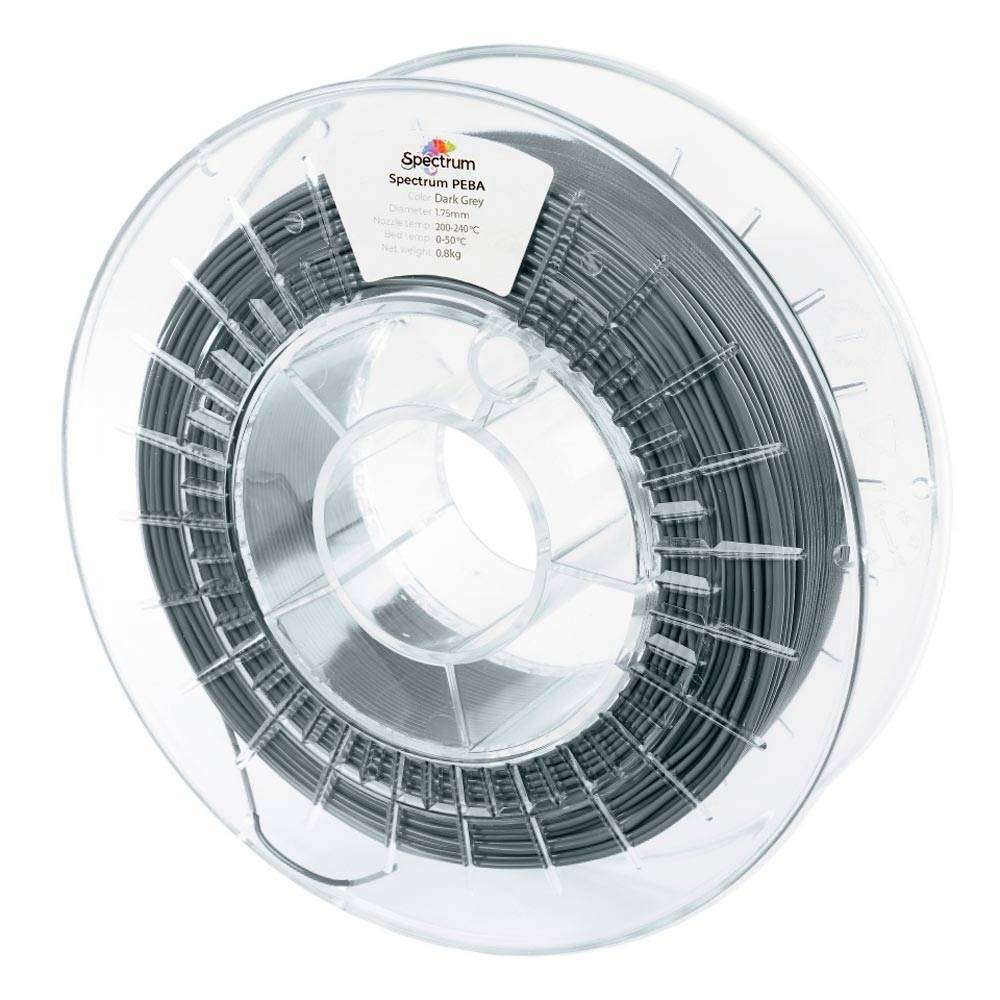 Clear spool of dark gray Spectrum PEBA 3D printer filament on a transparent reel.