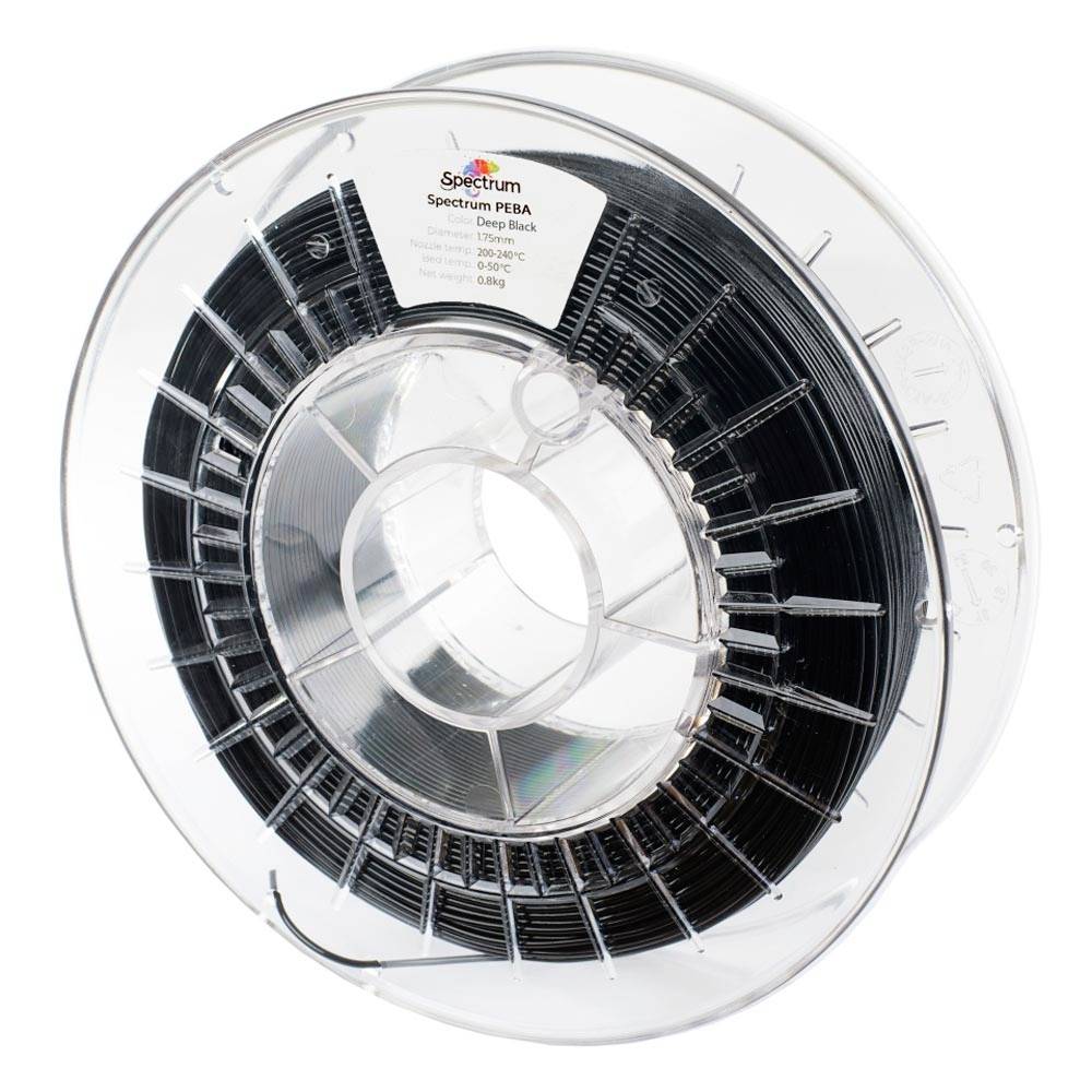 Spool of black 3D printer filament labeled 'Spectrum' and 'Deep Black' in a clear plastic reel.