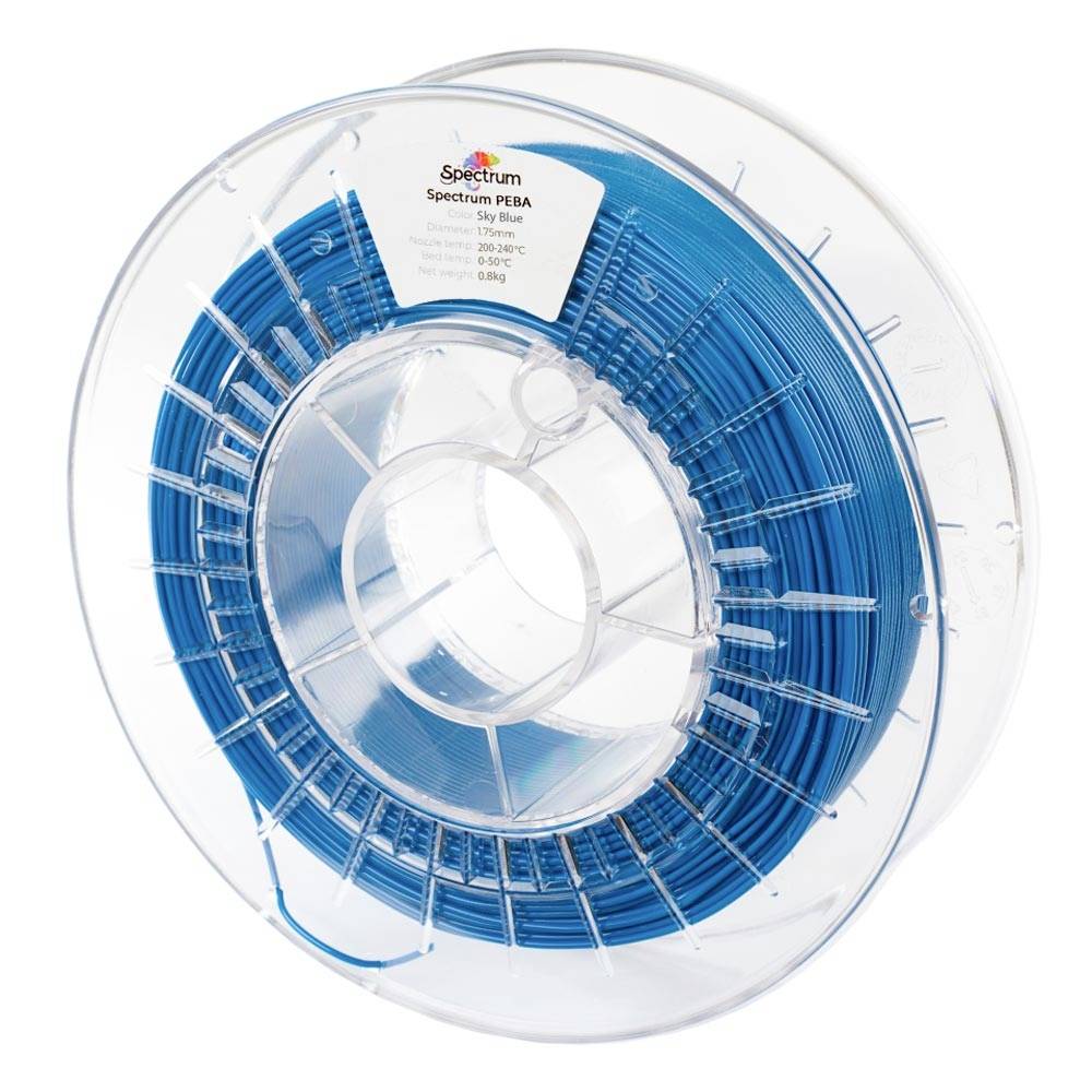 Spool of blue 3D printer filament in a clear reel, labeled 'Spectrum PBA Sky Blue'.